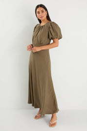 Stage Khaki Linen Blend Puff Sleeve Floaty Maxi Dress
