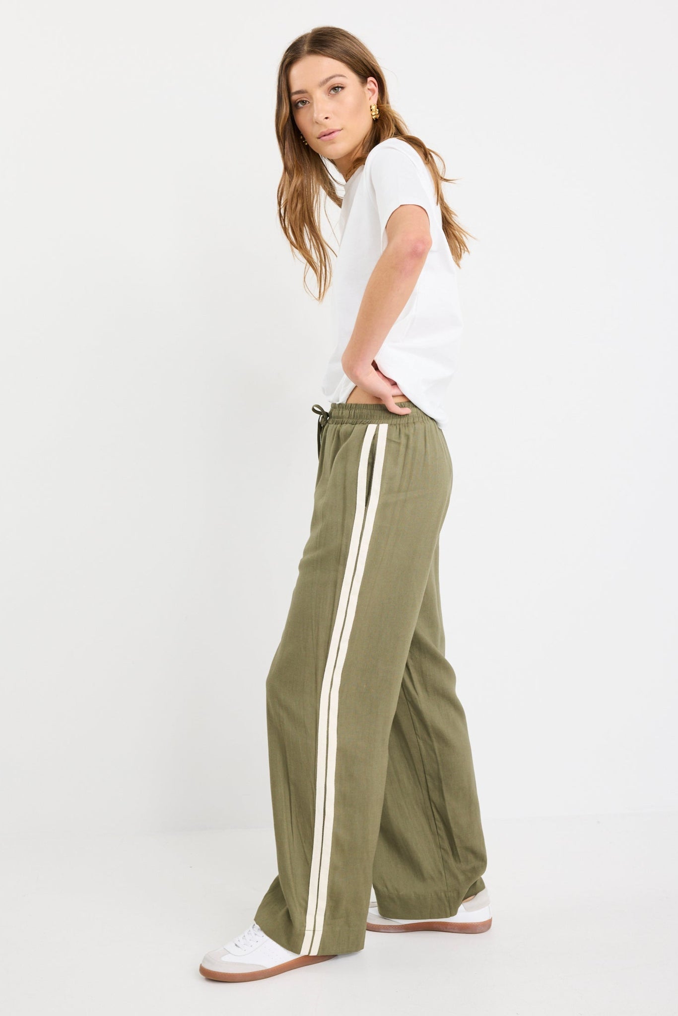 Vibe Khaki Linen Blend Jacquard Stripe Wide Leg Pants