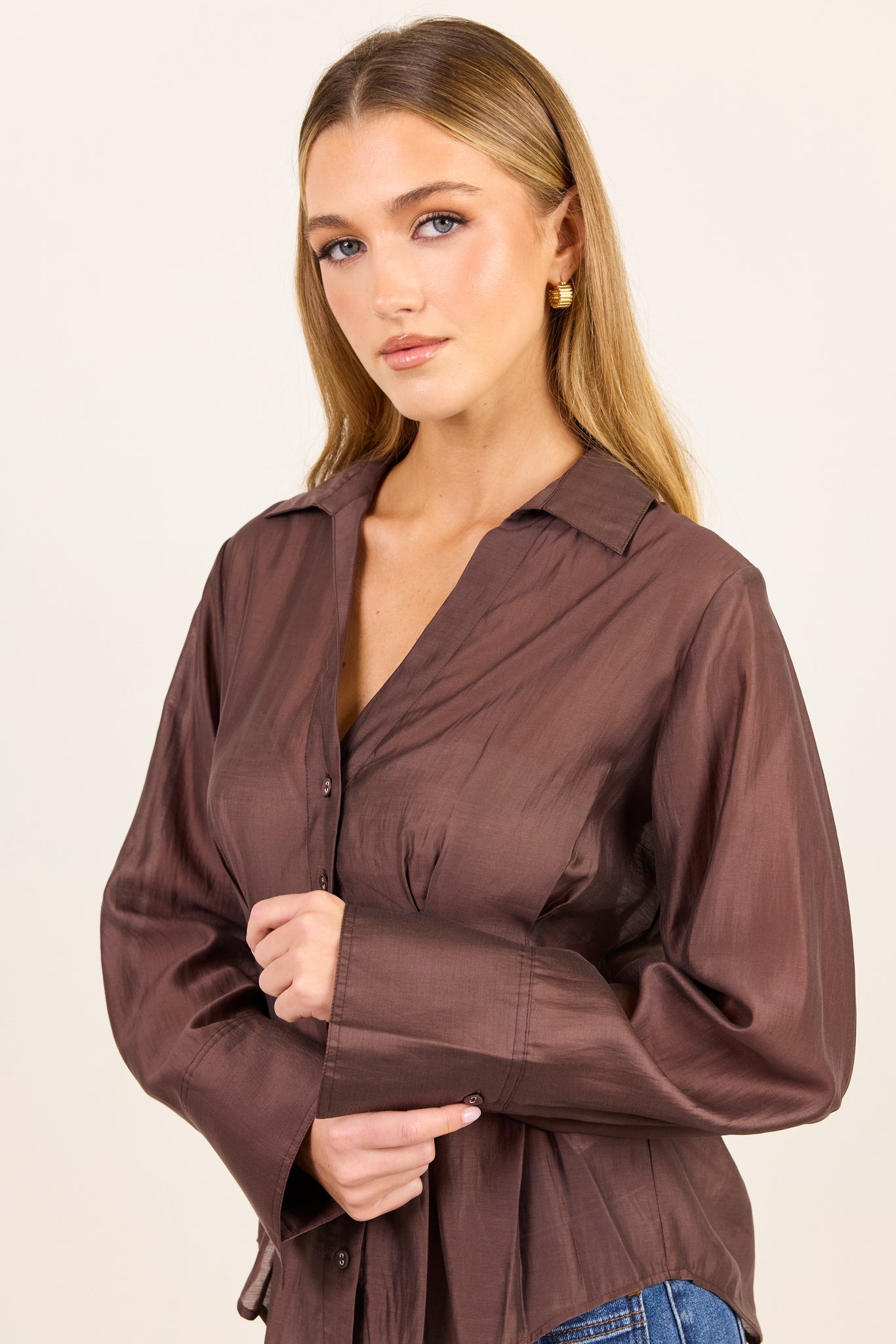 Sundial Chocolate Semi Sheer Corset Detail Waist Shirt