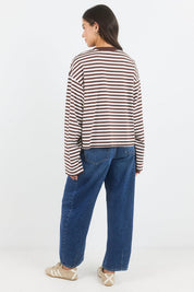 Unite Chocolate White Stripe Long Sleeve Contrast Binding Boxy Tee