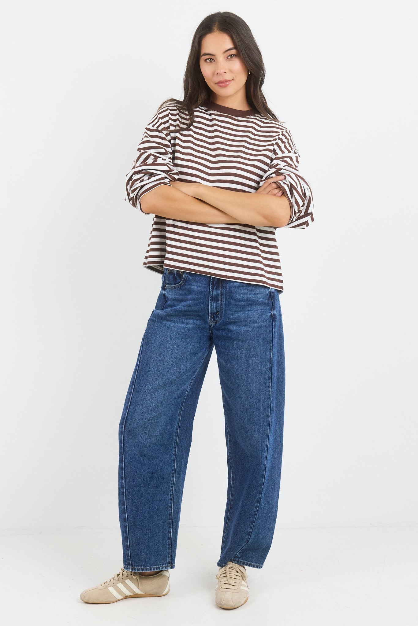 Unite Chocolate White Stripe Long Sleeve Contrast Binding Boxy Tee