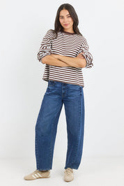 Unite Chocolate White Stripe Long Sleeve Contrast Binding Boxy Tee