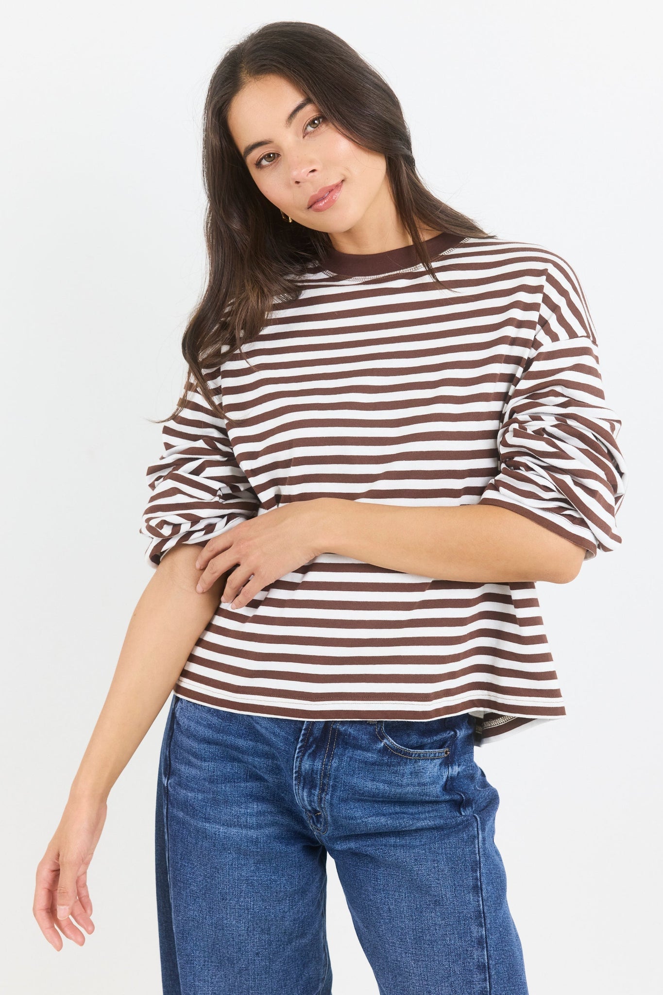 Unite Chocolate White Stripe Long Sleeve Contrast Binding Boxy Tee