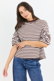 Unite Chocolate White Stripe Long Sleeve Contrast Binding Boxy Tee