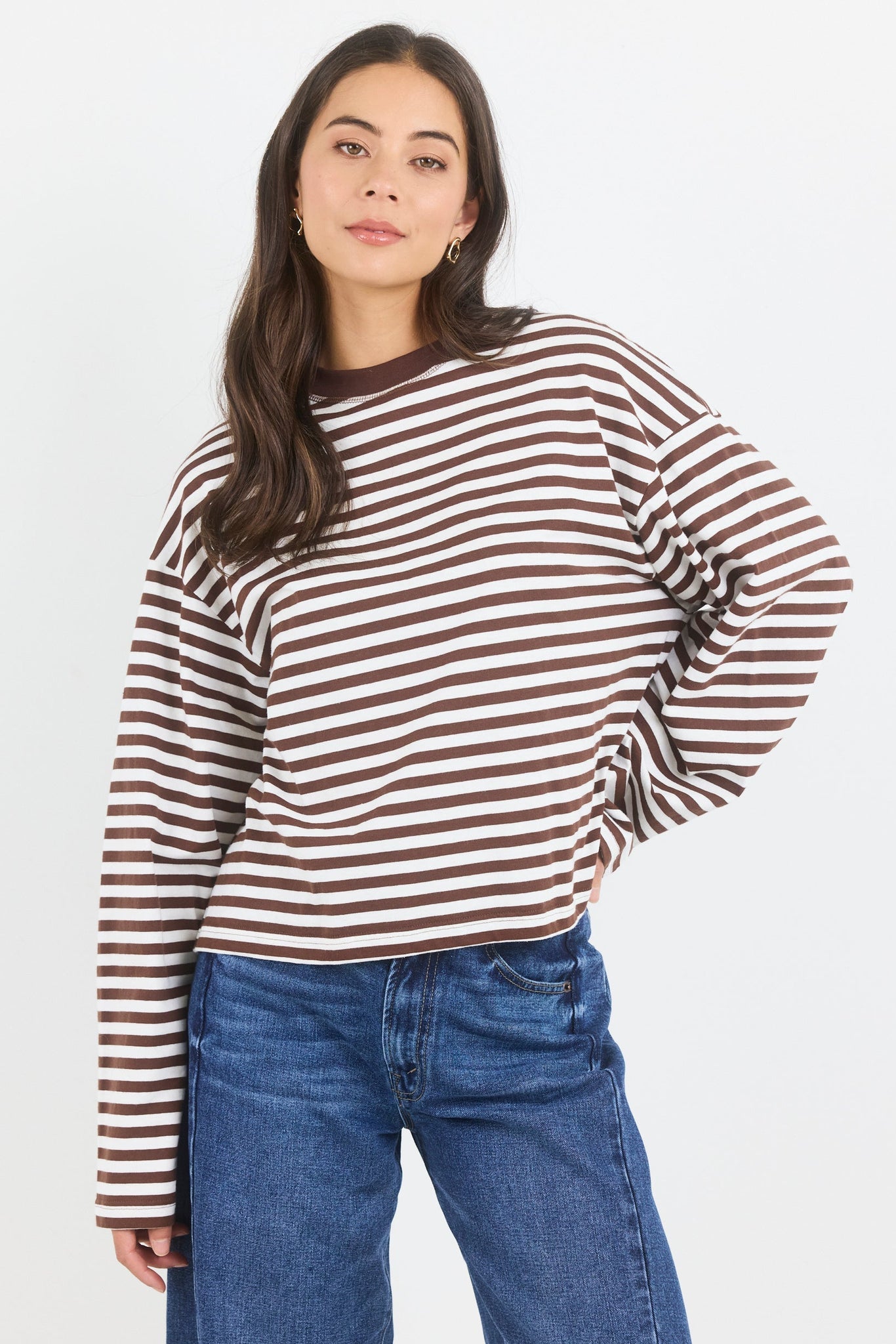 Unite Chocolate White Stripe Long Sleeve Contrast Binding Boxy Tee