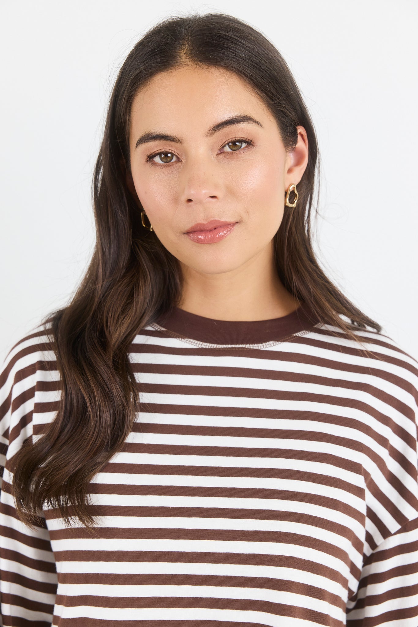 Unite Chocolate White Stripe Long Sleeve Contrast Binding Boxy Tee