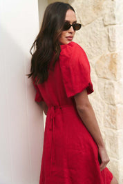 Adelaide Cherry Linen Puff Sleeve Panelled Mini Dress