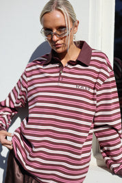 Bobbie Relaxed Rugby Shirt - Burgandy Pink Cream Stripe
