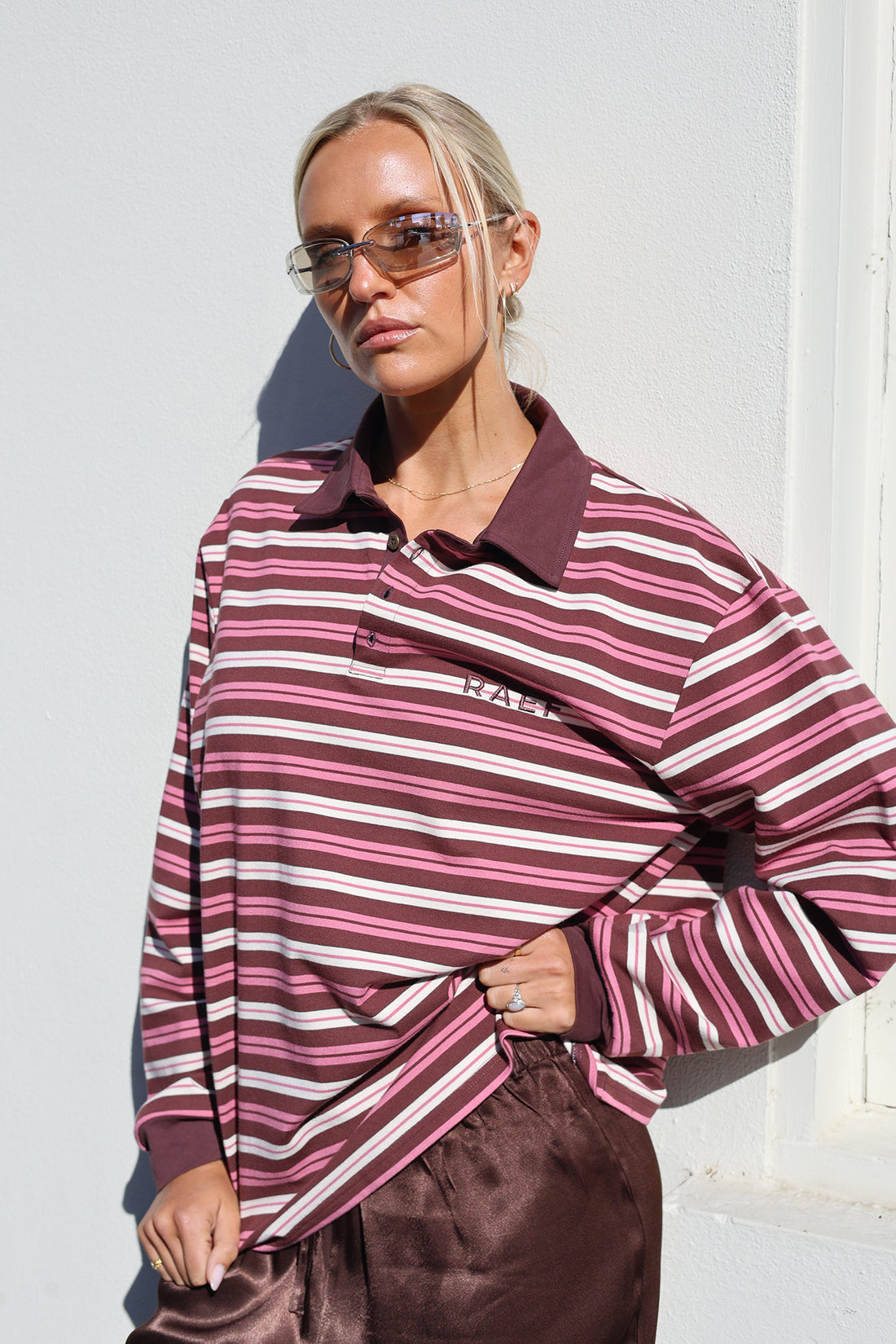 Bobbie Relaxed Rugby Shirt - Burgandy Pink Cream Stripe