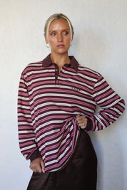 Bobbie Relaxed Rugby Shirt - Burgandy Pink Cream Stripe