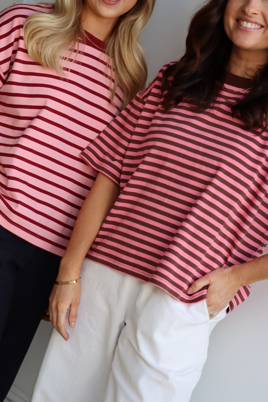 Carter Boxy Tee Pink Chocolate Stripe