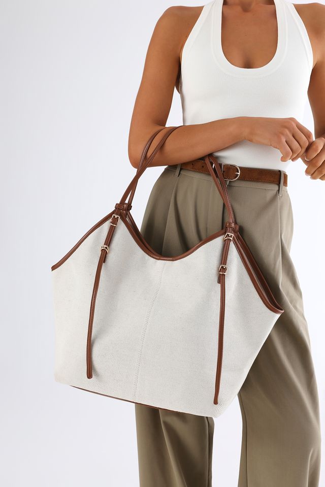 Cassandra Shoulder Bag - Cream Linen - Tan